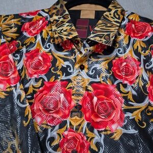 Vassari Button Up Shirt Mens Large Black Red Floral Leopard Snakeskin Excellent